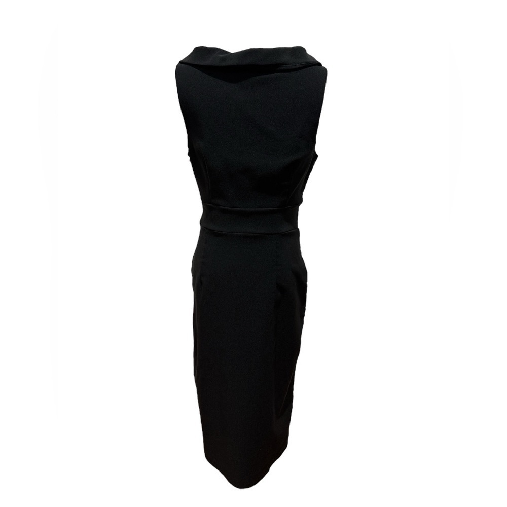90s INTRIQUE BLACK SLEEVELESS FITTED SHEATH MIDI DRESS W SCOOP COWL NECK  SZ 10 - Picture 5 of 7